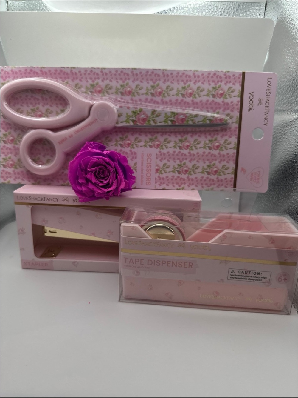 Love Shack Fancy x yoobi Pink Floral Stapler/Scissors/Tape Dispenser Set